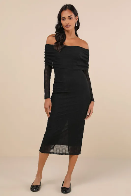 Demurely Chic Black Mesh Textured Off-the-Shoulder Midi Dress sold by Lulus