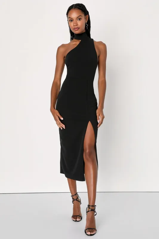 Keep It Interesting Black Asymmetrical Cutout Halter Midi Dress made by Lulus