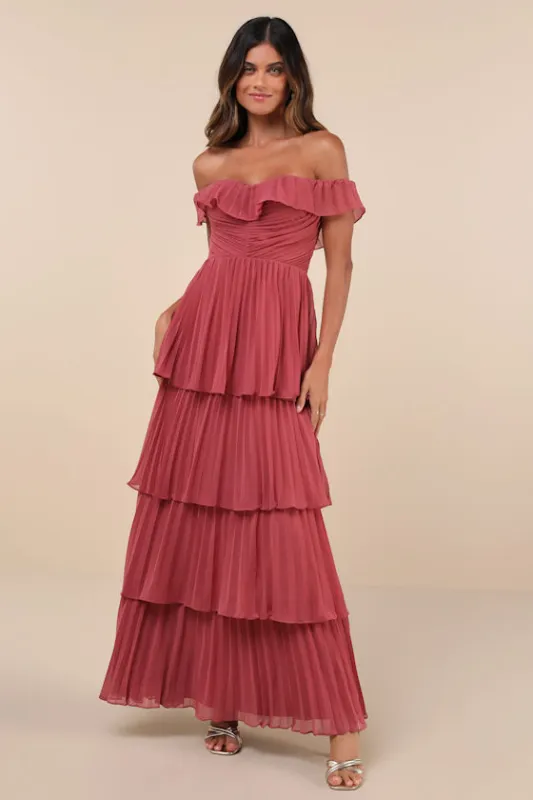 Always Remarkable Rusty Rose Pleated Off-the-Shoulder Maxi Dress sold by Lulus