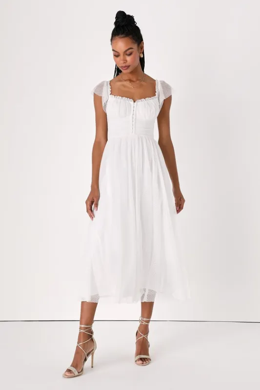 Regal Radiance White Tulle Bustier Midi Dress sold by Lulus