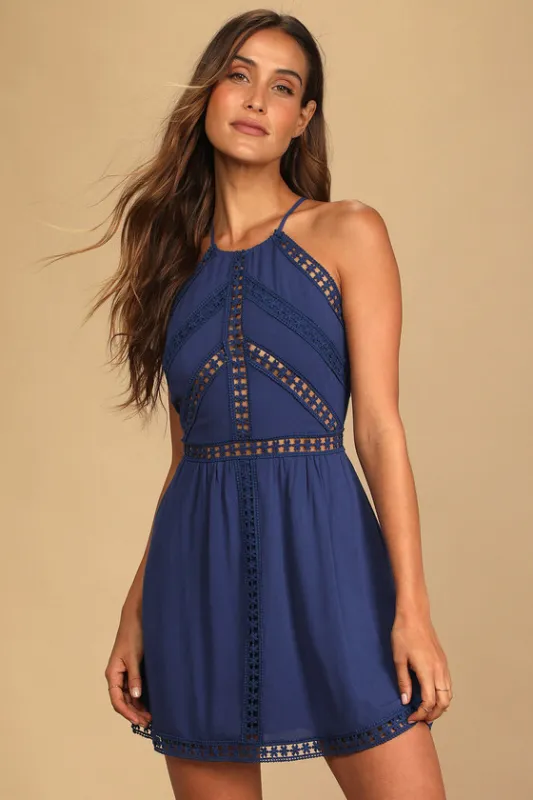 Leads to You Navy Blue Crochet Lace Sleeveless Mini Dress sold by Lulus