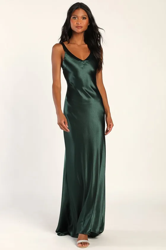 Perfectly Classy Emerald Green Satin Strappy Maxi Dress sold by Lulus
