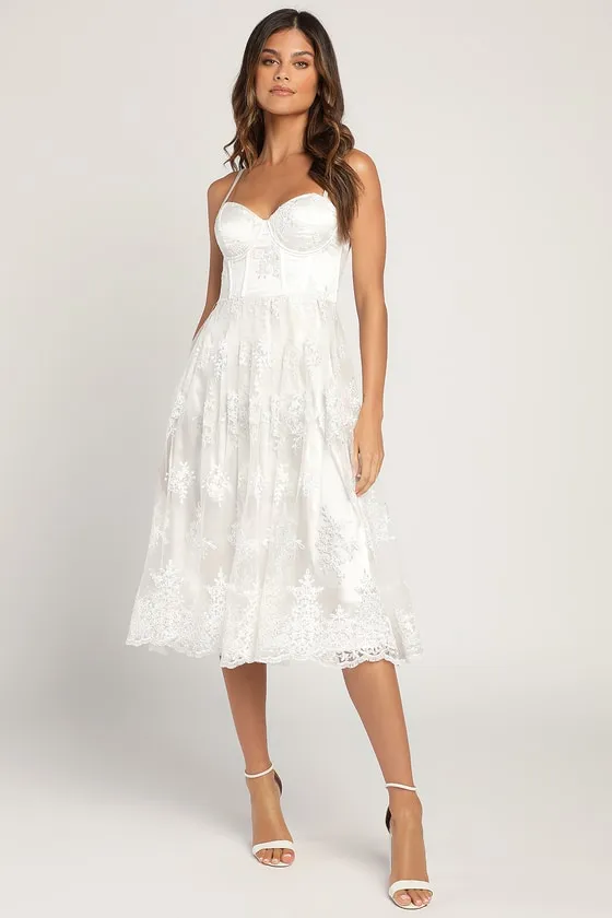 My Darling Daydreamer White Lace Bustier Midi Dress sold by Lulus