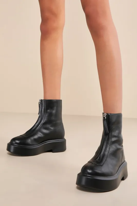 Sachiye Black Zip-Front Platform Ankle Booties made by Lulus