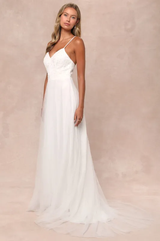 Love Perfection White Lace Tulle Pearl Beaded Maxi Dress sold by Lulus