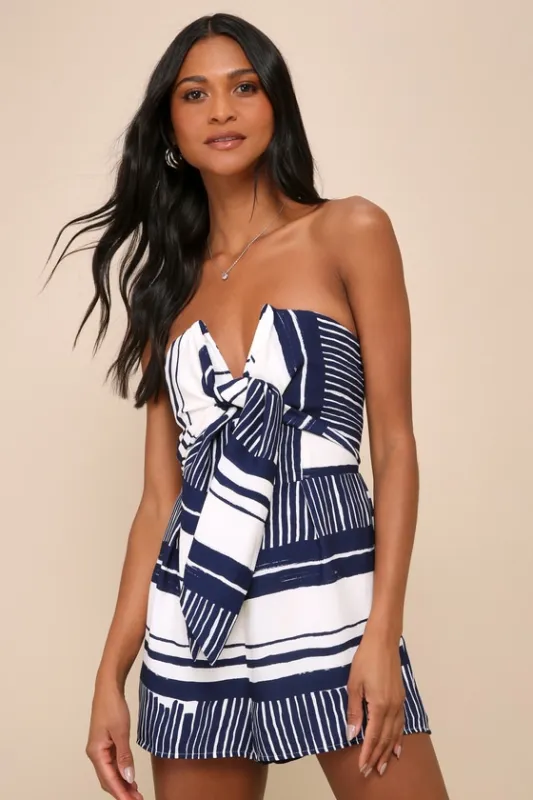 Delphi Blue and White Striped Tie-Front Strapless Romper sold by Lulus