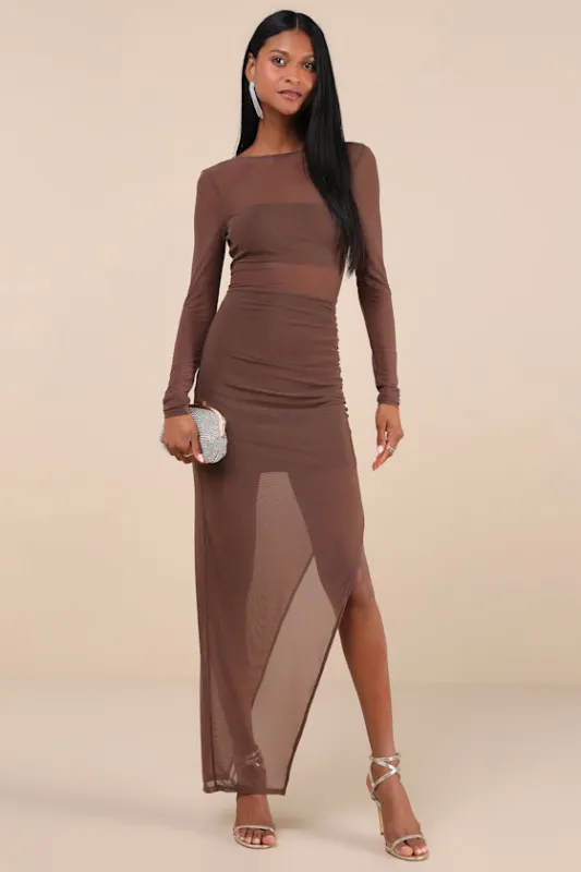Alluring Silhouette Dark Brown Sheer Mesh Backless Maxi Dress sold by Lulus