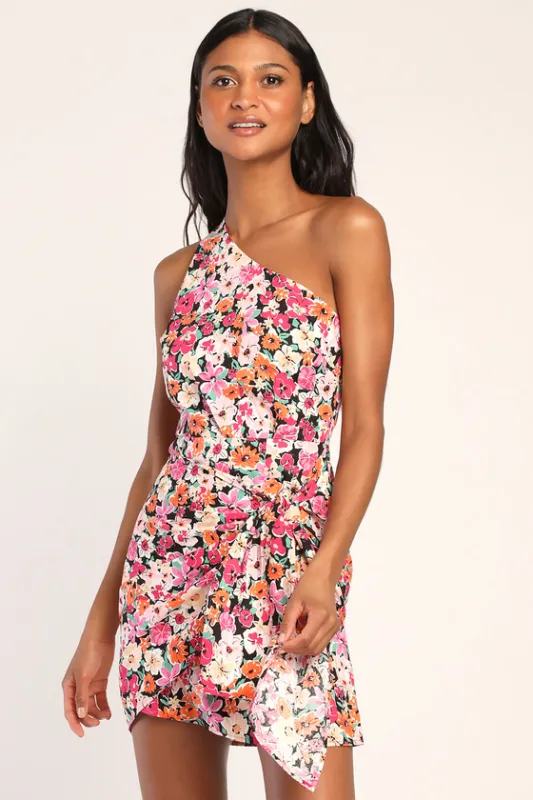 Gorgeous Garden Pink Floral One-Shoulder Faux-Wrap Mini Dress sold by Lulus