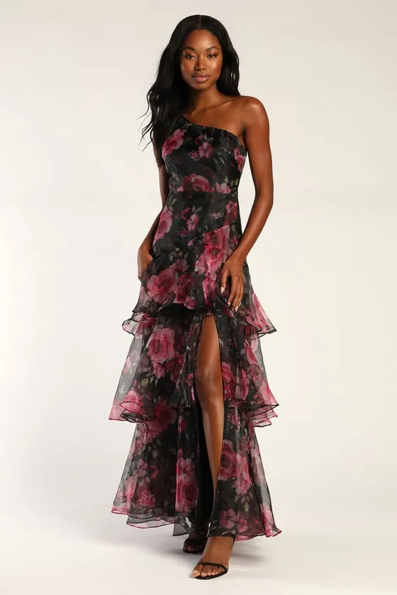 Regal Florals Black Floral Print Organza Tiered Maxi Dress sold by Lulus
