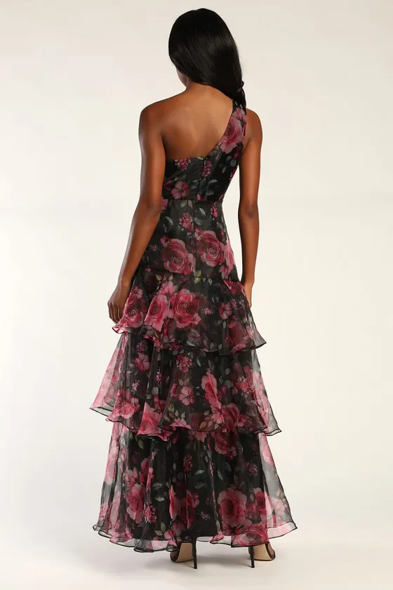 Regal Florals Black Floral Print Organza Tiered Maxi Dress sold by Lulus product image thumbnail 2