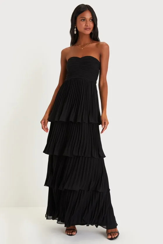 Seriously Sensational Black Strapless Tiered Maxi Dress sold by Lulus