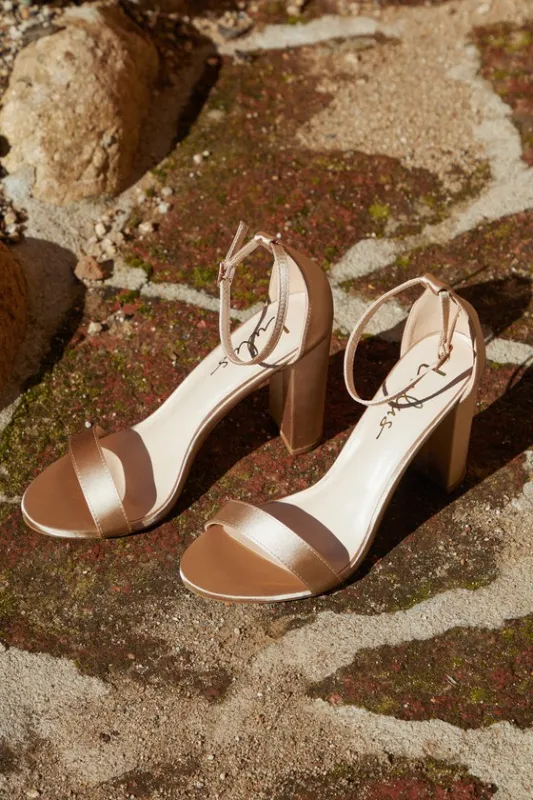 Taylor Champagne Satin Ankle Strap Heels sold by Lulus