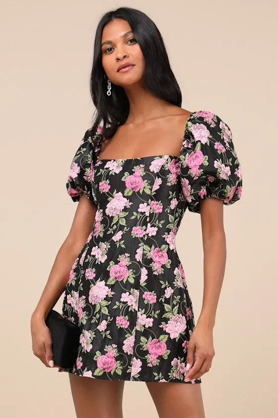 Completely Beloved Black Floral Off-the-Shoulder Mini Dress sold by Lulus