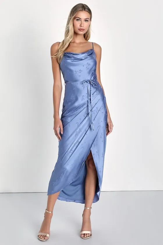 Sophisticated Sight Periwinkle Satin Jacquard Cowl Midi Dress sold by Lulus