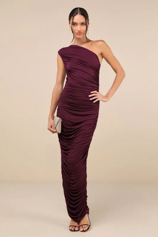 Effortless Magnetism Dark Plum Ruched One-Shoulder Maxi Dress sold by Lulus