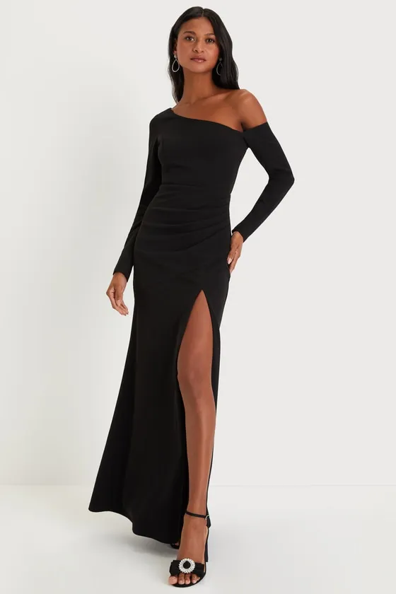 Elegant Sensation Black Asymmetrical Pleated Maxi Dress sold by Lulus