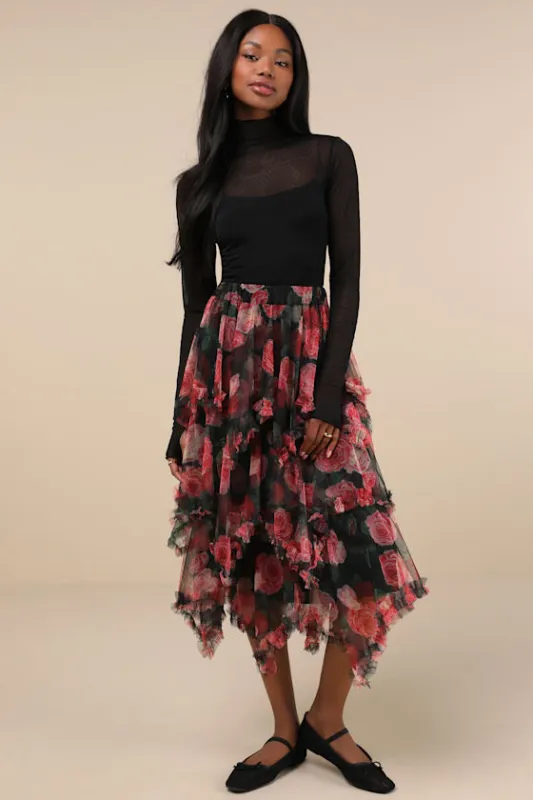 Dreamy Charisma Black Floral Mesh Tiered Handkerchief Midi Skirt sold by Lulus