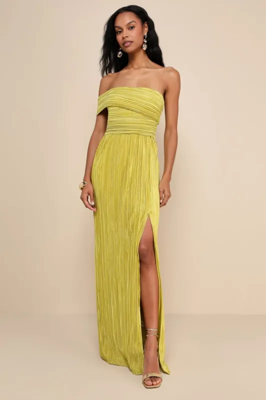 Poised Performance Chartreuse Plisse One-Shoulder Maxi Dress sold by Lulus