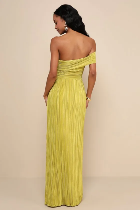 Poised Performance Chartreuse Plisse One-Shoulder Maxi Dress sold by Lulus product image thumbnail 2