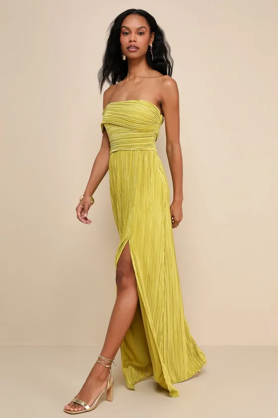 Poised Performance Chartreuse Plisse One-Shoulder Maxi Dress sold by Lulus product image thumbnail 4