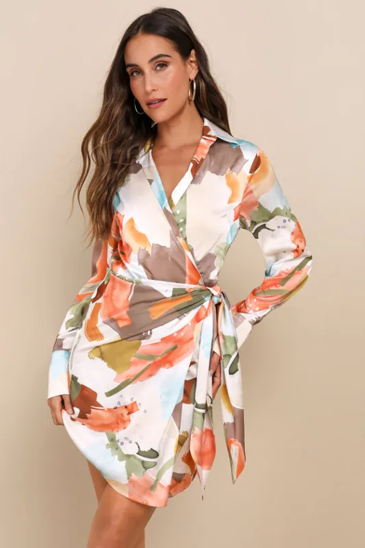 Painterly Perfection Ivory Multi Abstract Satin Wrap Mini Dress sold by Lulus