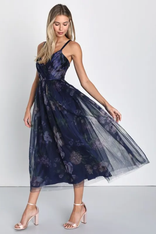Elaborate Elegance Navy Floral Print Tulle Pleated Midi Dress sold by Lulus