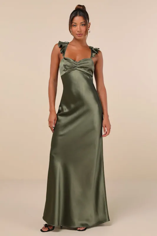 Exuberant Luxury Olive Green Satin Ruffled Lace-Up Maxi Dress sold by Lulus