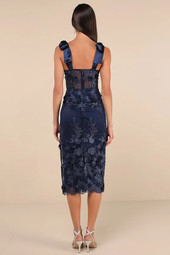 Exquisite Charisma Navy 3D Floral Bustier Tie-Strap Midi Dress sold by Lulus product image thumbnail 2