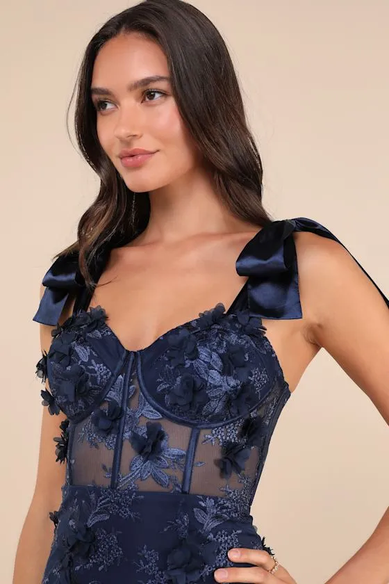 Exquisite Charisma Navy 3D Floral Bustier Tie-Strap Midi Dress sold by Lulus product image thumbnail 3