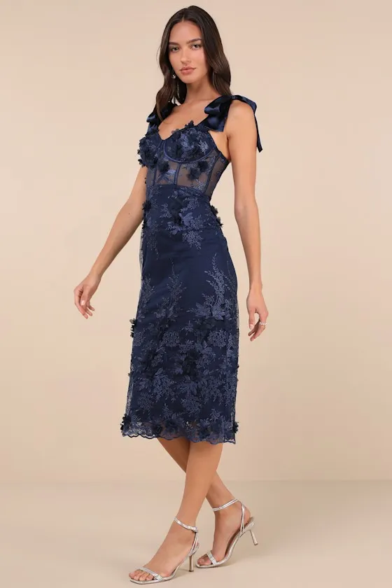 Exquisite Charisma Navy 3D Floral Bustier Tie-Strap Midi Dress sold by Lulus product image thumbnail 4