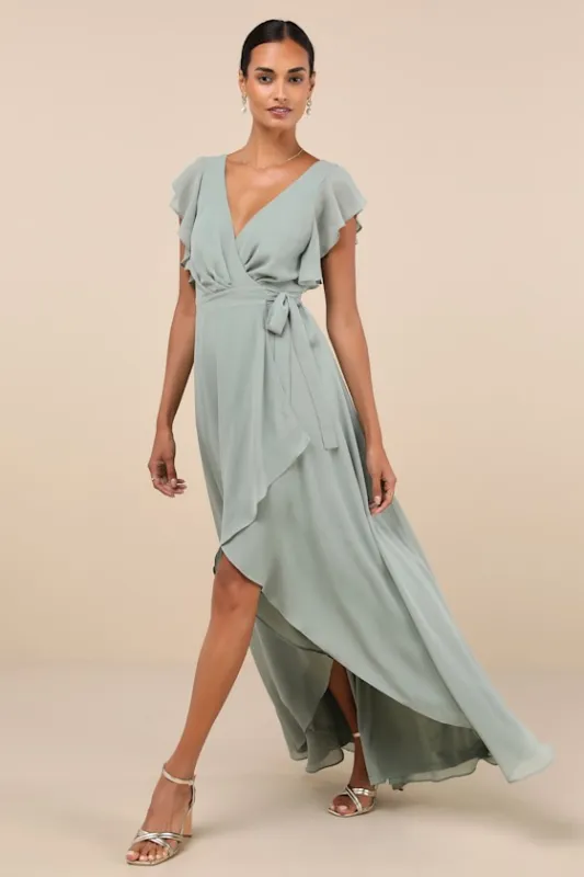 Ravishing Charm Sage Brush Ruffled Wrap High-Low Maxi Dress sold by Lulus