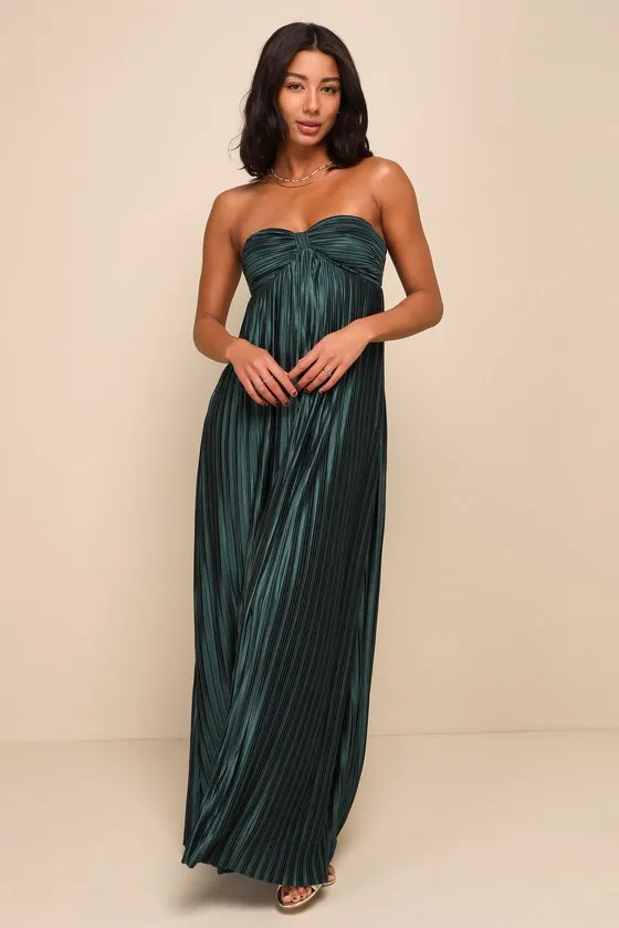 Whimsical Beauty Emerald Green Satin Plisse Strapless Maxi Dress sold by Lulus