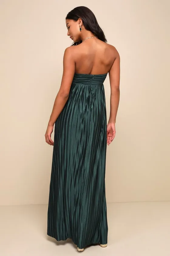 Whimsical Beauty Emerald Green Satin Plisse Strapless Maxi Dress sold by Lulus product image thumbnail 2