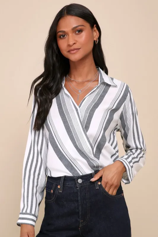 Sail West Blue and White Striped Surplice Top sold by Lulus