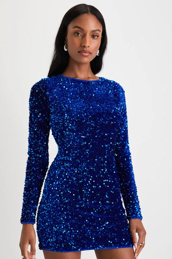 Alluring Radiance Royal Blue Sequin Cutout Bodycon Mini Dress sold by Lulus