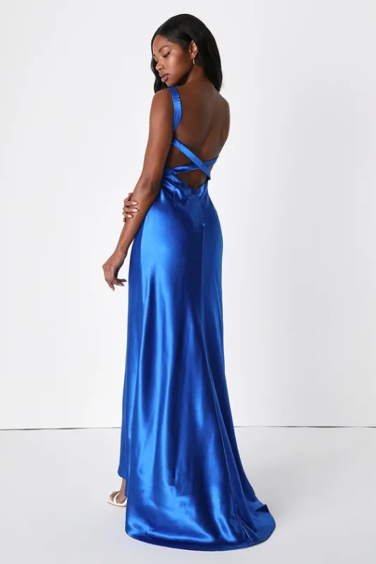 Perfectly Classy Royal Blue Satin Strappy Maxi Dress sold by Lulus