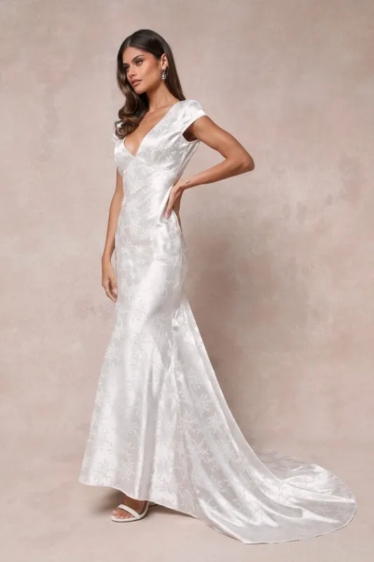 Loveliest Dream White Satin Jacquard Backless Mermaid Maxi Dress sold by Lulus