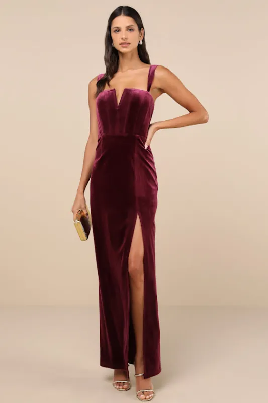 Pristine Luxury Dark Berry Velvet Bustier Maxi Dress sold by Lulus