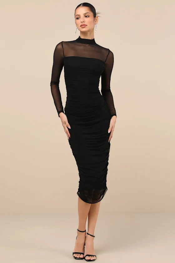Impressive Flirt Black Mesh Ruched Mock Neck Midi Dress sold by Lulus