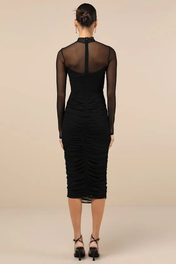 Impressive Flirt Black Mesh Ruched Mock Neck Midi Dress sold by Lulus product image thumbnail 2
