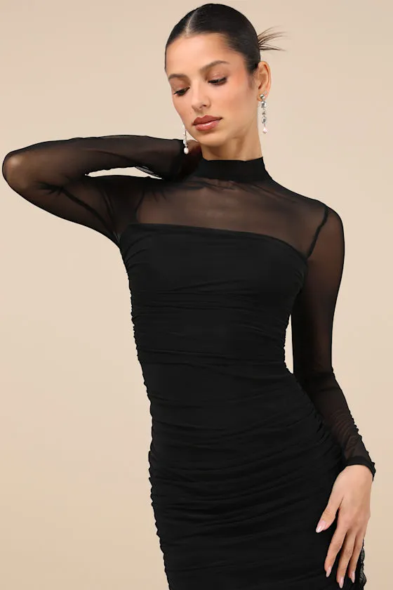 Impressive Flirt Black Mesh Ruched Mock Neck Midi Dress sold by Lulus product image thumbnail 4