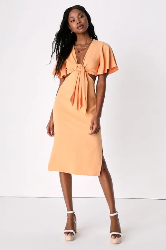 Summer Journey Light Orange Tie-Front Cutout Midi Dress sold by Lulus