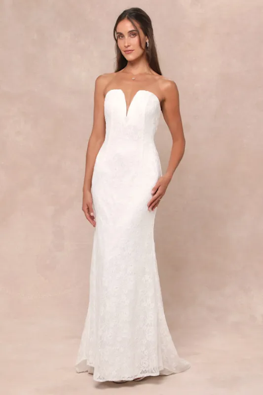 Gorgeous Love White Lace Strapless Mermaid Maxi Dress sold by Lulus
