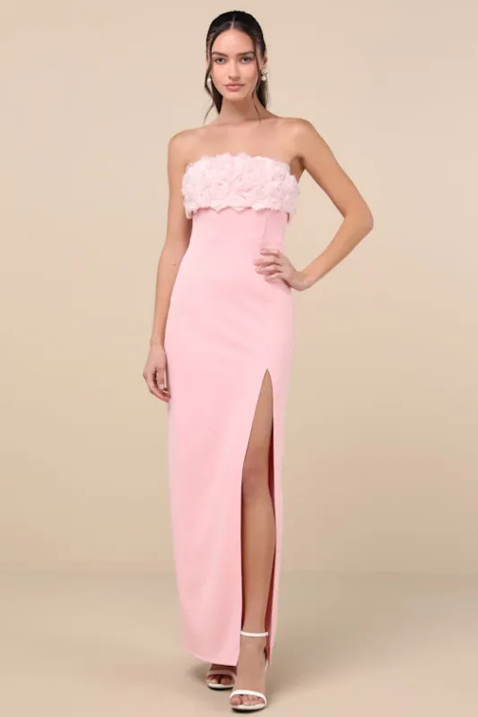 Fiore Light Pink 3D Rosette Strapless Maxi Dress sold by Lulus