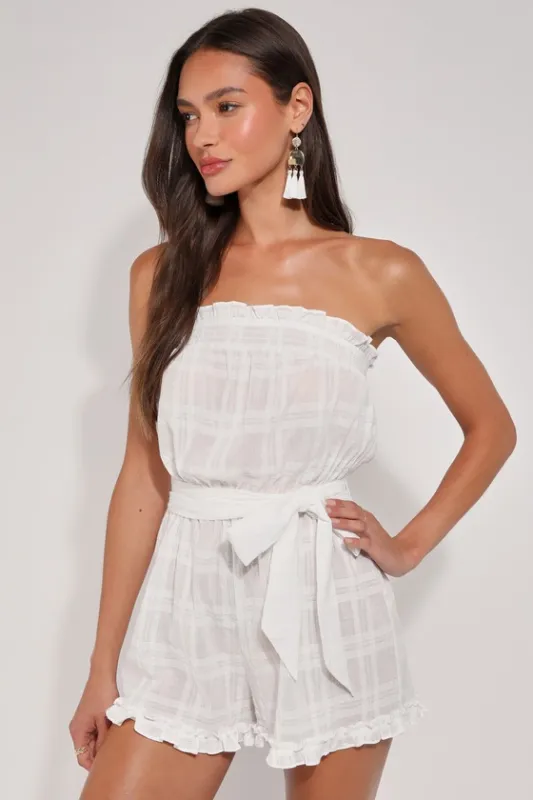 Start the Summer Ivory Ruffled Strapless Swim Cover-Up Romper sold by Lulus