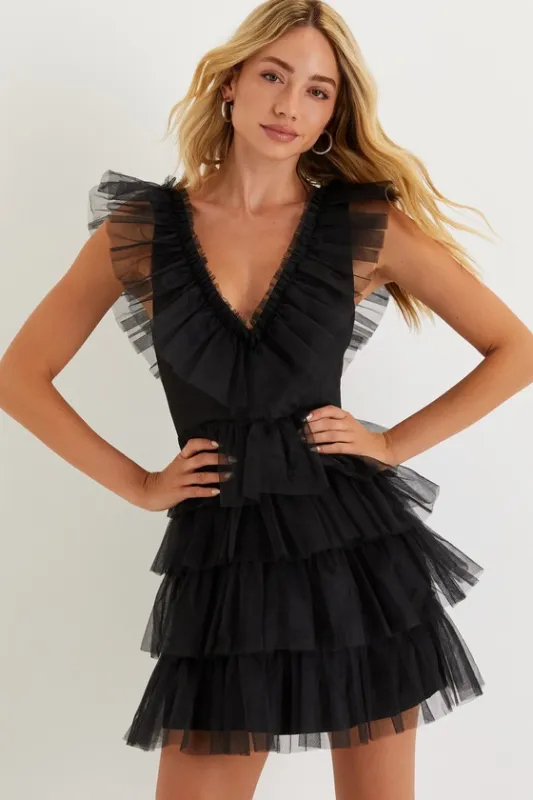Striking Sensation Black Tulle Tiered Ruffled Mini Dress sold by Lulus