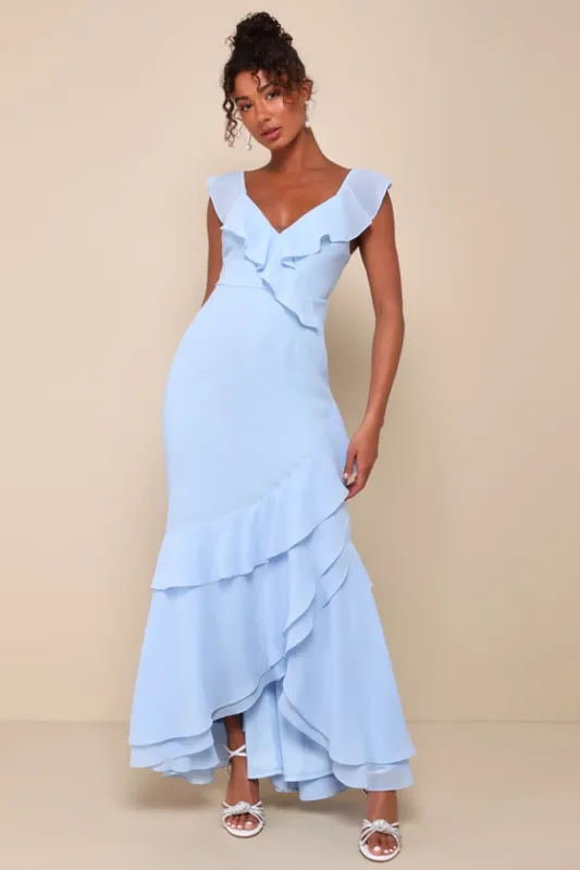 Charming Event Light Blue Asymmetrical Ruffled Maxi Dress sold by Lulus