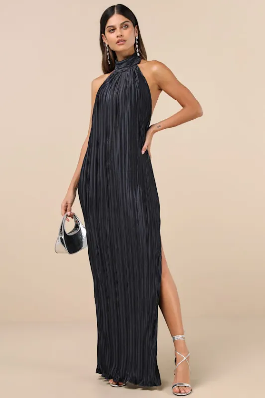 Gwenny Dark Navy Satin Plisse Maxi Dress made by Lulus