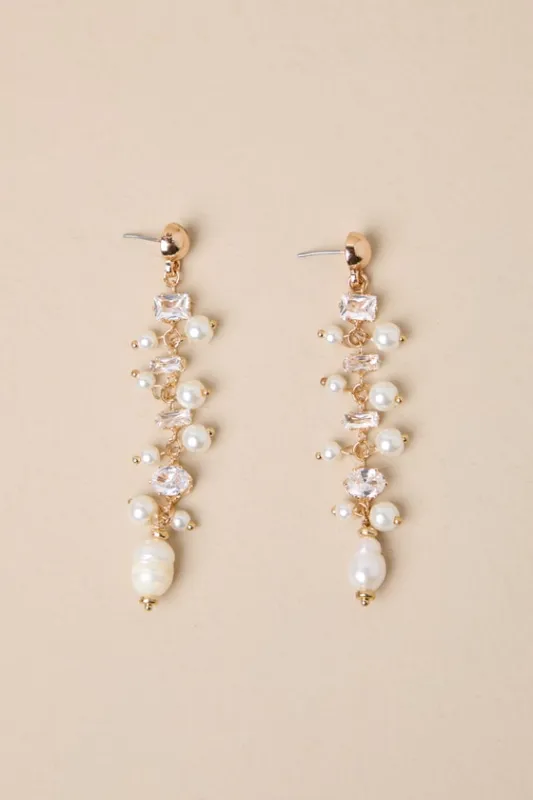 Decadent Approach Gold Pearl Rhinestone Drop Earrings sold by Lulus