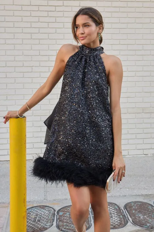 Magnetic Darling Shiny Black Sequin Feather Shift Mini Dress sold by Lulus
